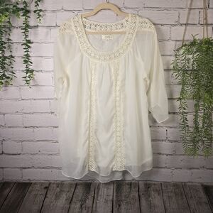 Umgee Cream Blouse with Bib Collar and CROCHETED Embellishments 3/4 SLEEVE 2XL